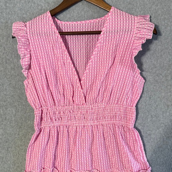 Beachsissi Pink Gingham Ruffle Tiered Smocked Waist Midi Dress Womens L - Picture 3 of 11
